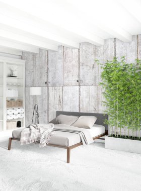 Beyaz yatak odası en az stil iç tasarım ahşap duvar ve gri Kanepeli. 3D render. 3D çizim