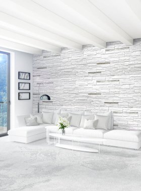 Beyaz yatak odası en az stil iç tasarım ahşap duvar ve gri Kanepeli. 3D render. 3D çizim