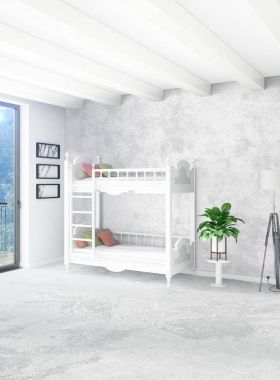 Beyaz yatak odası en az stil iç tasarım ahşap duvar ve gri Kanepeli. 3D render. 3D çizim