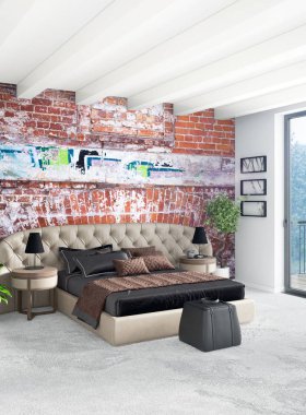 Beyaz yatak odası en az stil iç tasarım ahşap duvar ve gri Kanepeli. 3D render. 3D çizim