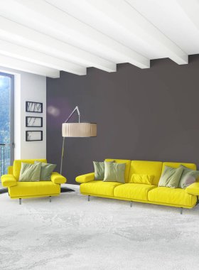 Beyaz yatak odası en az stil iç tasarım ahşap duvar ve gri Kanepeli. 3D render. 3D çizim