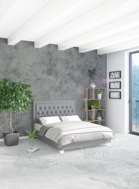 Beyaz yatak odası en az stil iç tasarım ahşap duvar ve gri Kanepeli. 3D render. 3D çizim