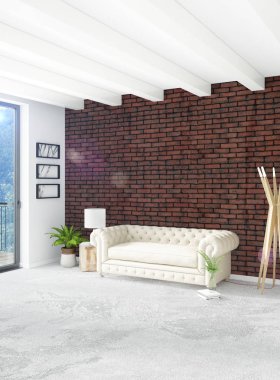 Beyaz yatak odası en az stil iç tasarım ahşap duvar ve gri Kanepeli. 3D render. 3D çizim