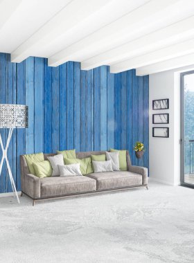 Beyaz yatak odası en az stil iç tasarım ahşap duvar ve gri Kanepeli. 3D render. 3D çizim