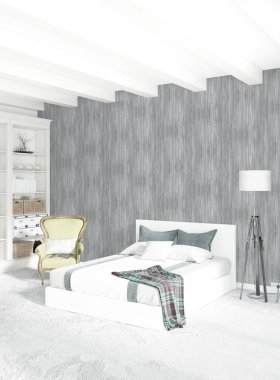 Beyaz yatak odası en az stil iç tasarım ahşap duvar ve gri Kanepeli. 3D render. 3D çizim