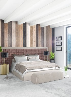 Beyaz yatak odası en az stil iç tasarım ahşap duvar ve gri Kanepeli. 3D render. 3D çizim