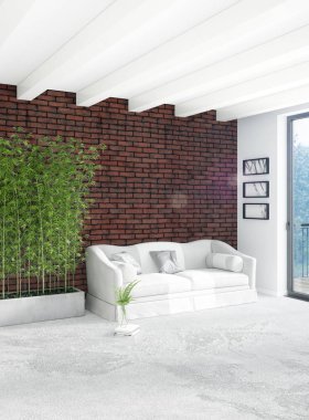 Beyaz yatak odası en az stil iç tasarım ahşap duvar ve gri Kanepeli. 3D render. 3D çizim