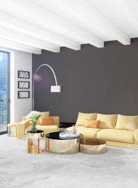 Beyaz yatak odası en az stil iç tasarım ahşap duvar ve gri Kanepeli. 3D render. 3D çizim