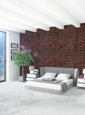 Beyaz yatak odası en az stil iç tasarım ahşap duvar ve gri Kanepeli. 3D render. 3D çizim