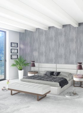 Beyaz yatak odası en az stil iç tasarım ahşap duvar ve gri Kanepeli. 3D render. 3D çizim