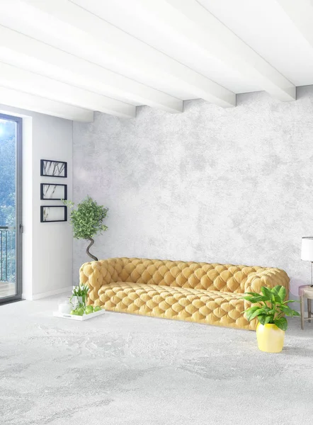 Beyaz yatak odası en az stil iç tasarım ahşap duvar ve gri Kanepeli. 3D render. 3D çizim