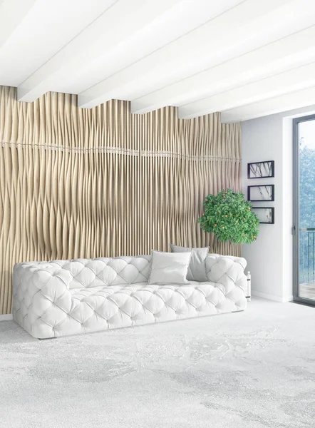 Beyaz yatak odası en az stil iç tasarım ahşap duvar ve gri Kanepeli. 3D render. 3D çizim