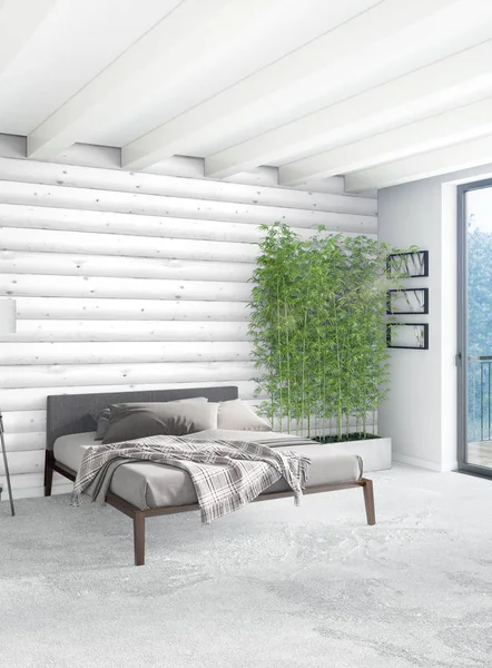 Beyaz yatak odası en az stil iç tasarım ahşap duvar ve gri Kanepeli. 3D render. 3D çizim