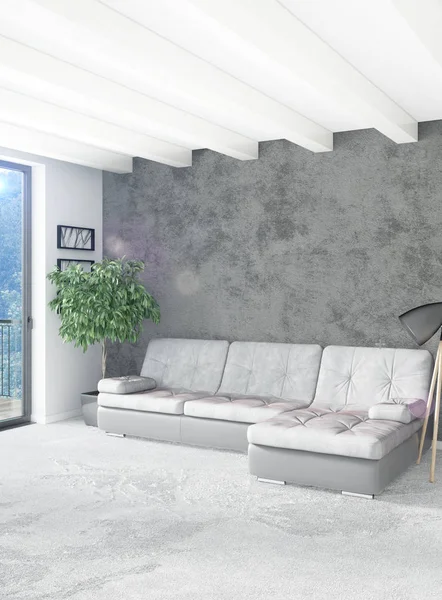 Beyaz yatak odası en az stil iç tasarım ahşap duvar ve gri Kanepeli. 3D render. 3D çizim