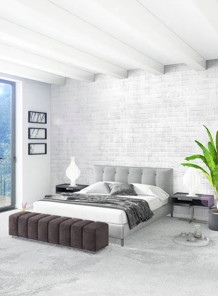 Bílá ložnice minimální styl design interiéru s dřevěnou stěnou a šedou pohovku. 3D vykreslování. 3D obrázek — Stock fotografie