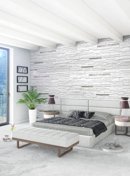 Beyaz yatak odası en az stil iç tasarım ahşap duvar ve gri Kanepeli. 3D render. 3D çizim