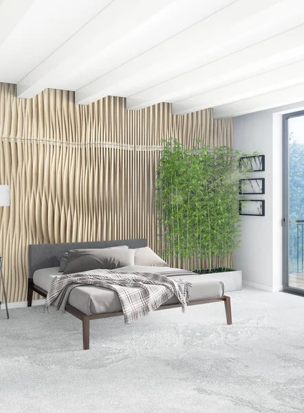 Beyaz yatak odası en az stil iç tasarım ahşap duvar ve gri Kanepeli. 3D render. 3D çizim