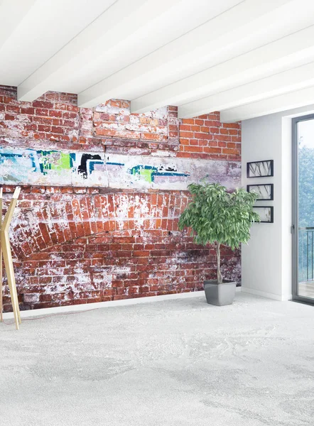 Beyaz yatak odası en az stil iç tasarım ahşap duvar ve gri Kanepeli. 3D render. 3D çizim