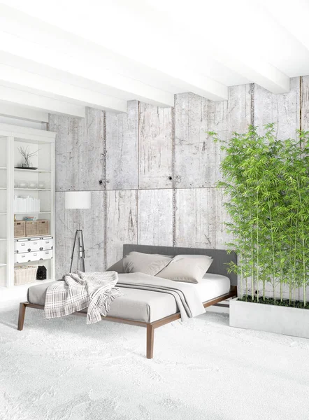 Beyaz yatak odası en az stil iç tasarım ahşap duvar ve gri Kanepeli. 3D render. 3D çizim