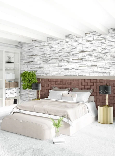 Dormitor alb stil minim Design interior cu perete din lemn și canapea gri. Redare 3D. Ilustrație 3D — Fotografie, imagine de stoc