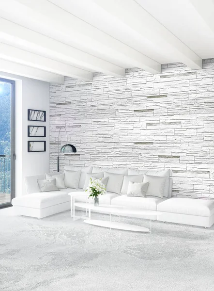 Beyaz yatak odası en az stil iç tasarım ahşap duvar ve gri Kanepeli. 3D render. 3D çizim