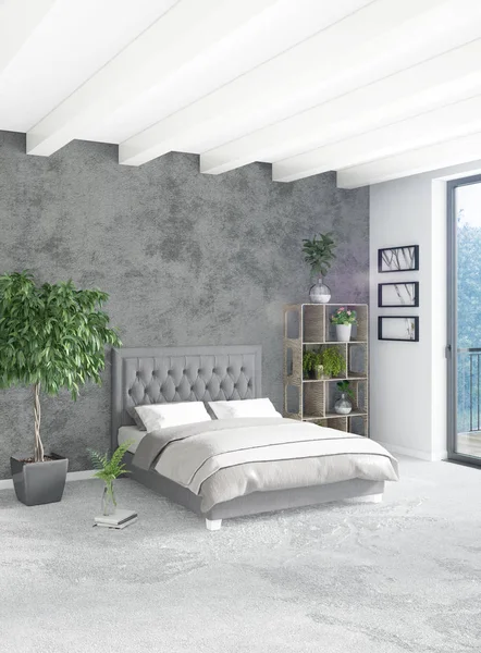 Beyaz yatak odası en az stil iç tasarım ahşap duvar ve gri Kanepeli. 3D render. 3D çizim