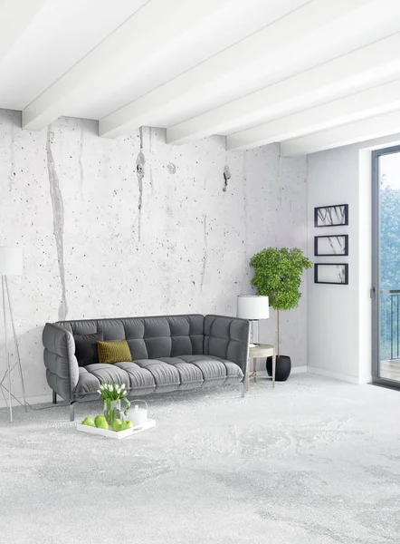 Beyaz yatak odası en az stil iç tasarım ahşap duvar ve gri Kanepeli. 3D render. 3D çizim