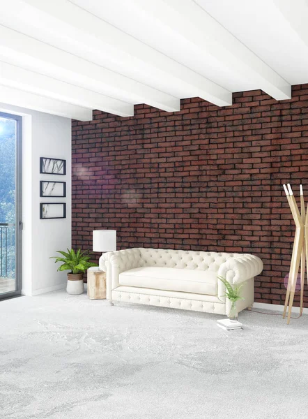 Beyaz yatak odası en az stil iç tasarım ahşap duvar ve gri Kanepeli. 3D render. 3D çizim