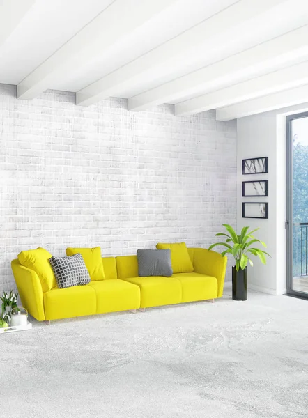 Beyaz yatak odası en az stil iç tasarım ahşap duvar ve gri Kanepeli. 3D render. 3D çizim