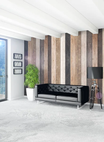 Beyaz yatak odası en az stil iç tasarım ahşap duvar ve gri Kanepeli. 3D render. 3D çizim