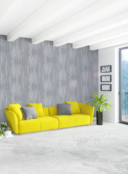 Beyaz yatak odası en az stil iç tasarım ahşap duvar ve gri Kanepeli. 3D render. 3D çizim