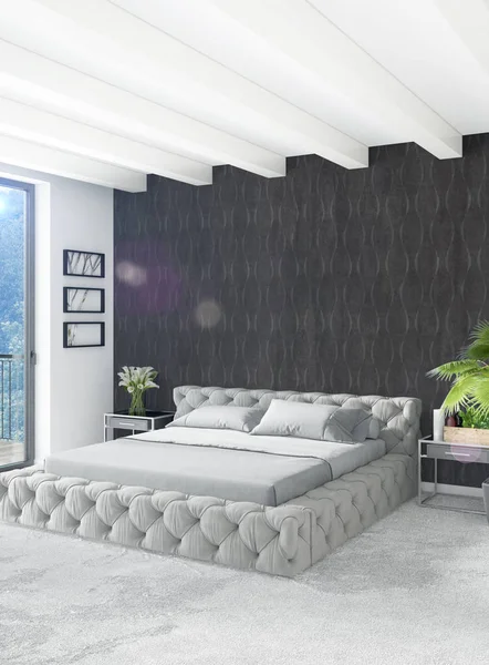Beyaz yatak odası en az stil iç tasarım ahşap duvar ve gri Kanepeli. 3D render. 3D çizim