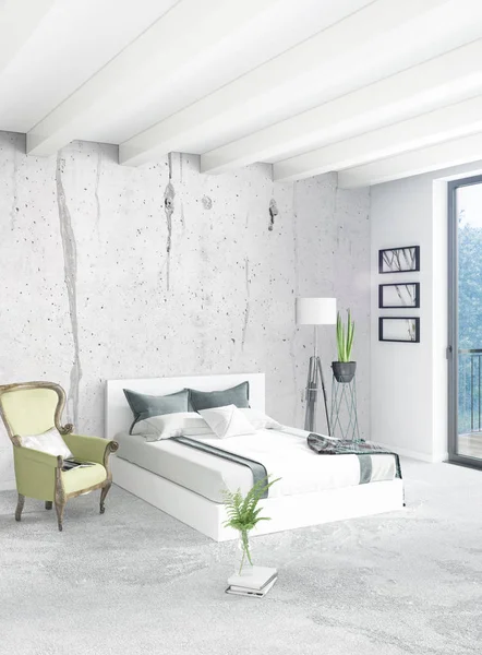 Beyaz yatak odası en az stil iç tasarım ahşap duvar ve gri Kanepeli. 3D render. 3D çizim