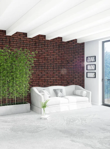 Beyaz yatak odası en az stil iç tasarım ahşap duvar ve gri Kanepeli. 3D render. 3D çizim