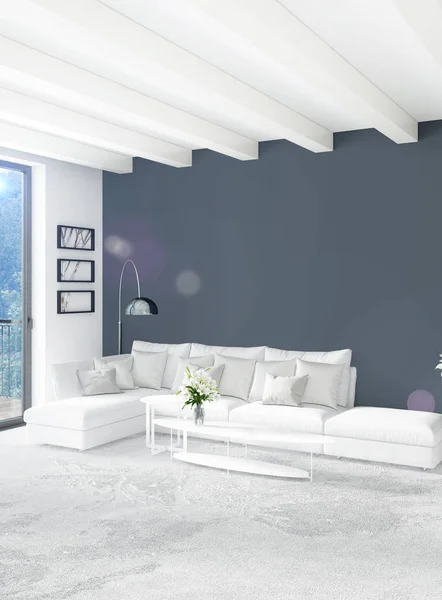 Dormitorio blanco de estilo minimalista Diseño interior con pared de madera y sofá gris. Representación 3D. Ilustración 3D — Foto de Stock