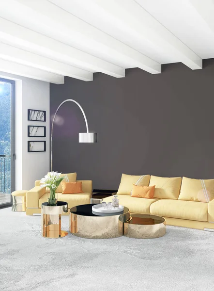 Beyaz yatak odası en az stil iç tasarım ahşap duvar ve gri Kanepeli. 3D render. 3D çizim