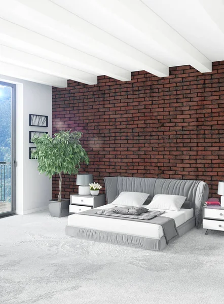 Beyaz yatak odası en az stil iç tasarım ahşap duvar ve gri Kanepeli. 3D render. 3D çizim