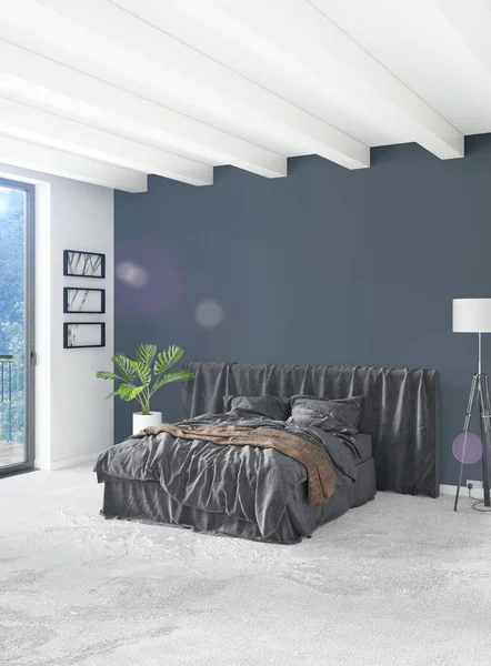 Camera da letto bianca dallo stile minimale Interior design con parete in legno e divano grigio. Rendering 3D. Illustrazione 3D — Foto Stock