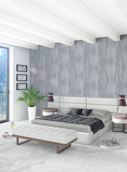 Beyaz yatak odası en az stil iç tasarım ahşap duvar ve gri Kanepeli. 3D render. 3D çizim
