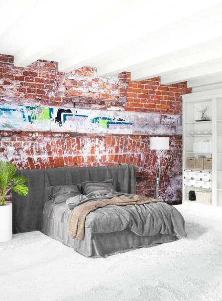 Beyaz yatak odası en az stil iç tasarım ahşap duvar ve gri Kanepeli. 3D render. 3D çizim