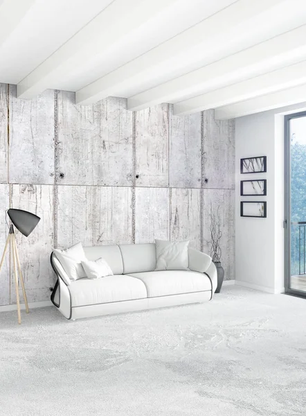 Beyaz yatak odası en az stil iç tasarım ahşap duvar ve gri Kanepeli. 3D render. 3D çizim