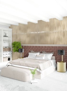 Beyaz yatak odası en az stil iç tasarım ahşap duvar ve gri Kanepeli. 3D render. 3D çizim