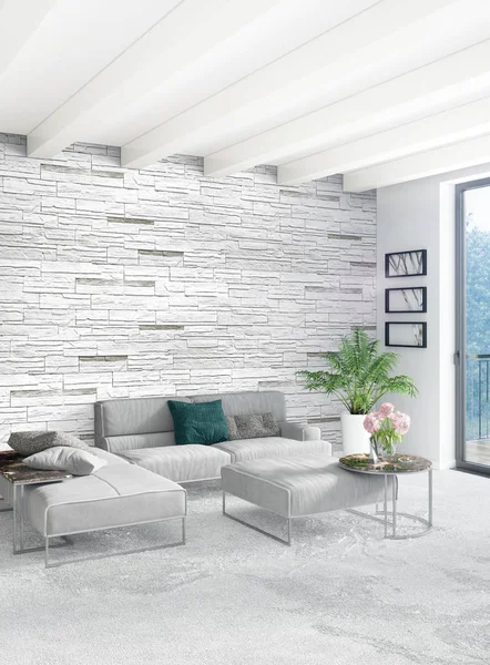 Beyaz yatak odası en az stil iç tasarım ahşap duvar ve gri Kanepeli. 3D render. 3D çizim