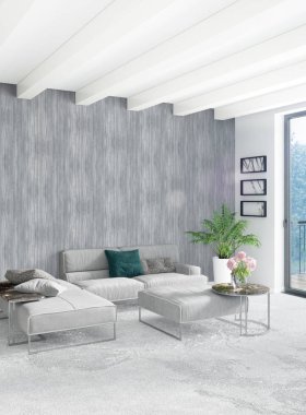 Beyaz yatak odası en az stil iç tasarım ahşap duvar ve gri Kanepeli. 3D render. 3D çizim