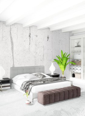 Beyaz yatak odası en az stil iç tasarım ahşap duvar ve gri Kanepeli. 3D render. 3D çizim