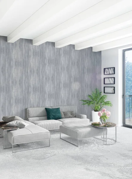 Beyaz yatak odası en az stil iç tasarım ahşap duvar ve gri Kanepeli. 3D render. 3D çizim