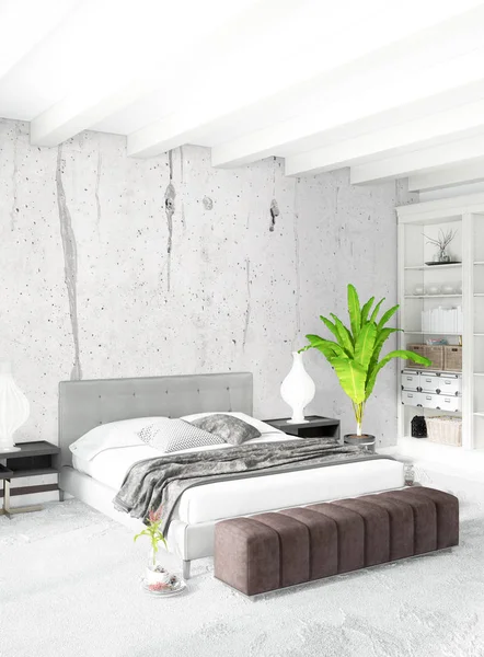 Beyaz yatak odası en az stil iç tasarım ahşap duvar ve gri Kanepeli. 3D render. 3D çizim