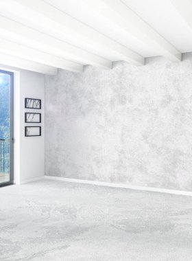 Beyaz yatak odası en az stil iç tasarım ahşap duvar ve gri Kanepeli. 3D render. 3D çizim