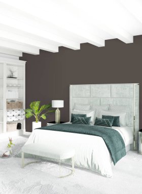 Beyaz yatak odası en az stil iç tasarım ahşap duvar ve gri Kanepeli. 3D render. 3D çizim