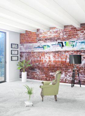 Beyaz yatak odası en az stil iç tasarım ahşap duvar ve gri Kanepeli. 3D render. 3D çizim